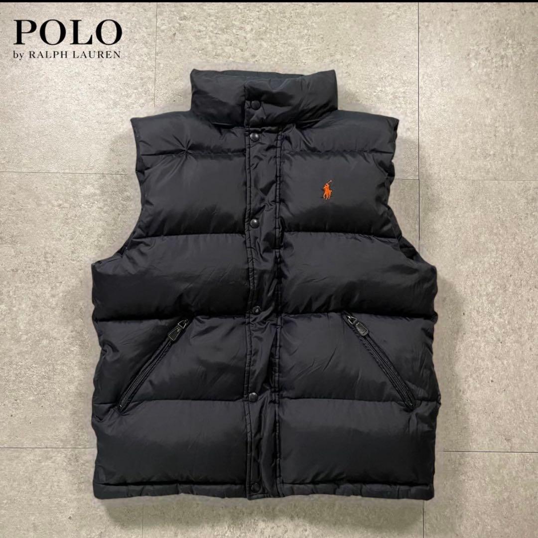 POLO RALPH LAURENダウンベスト フード収納ブラックオレンジポニー