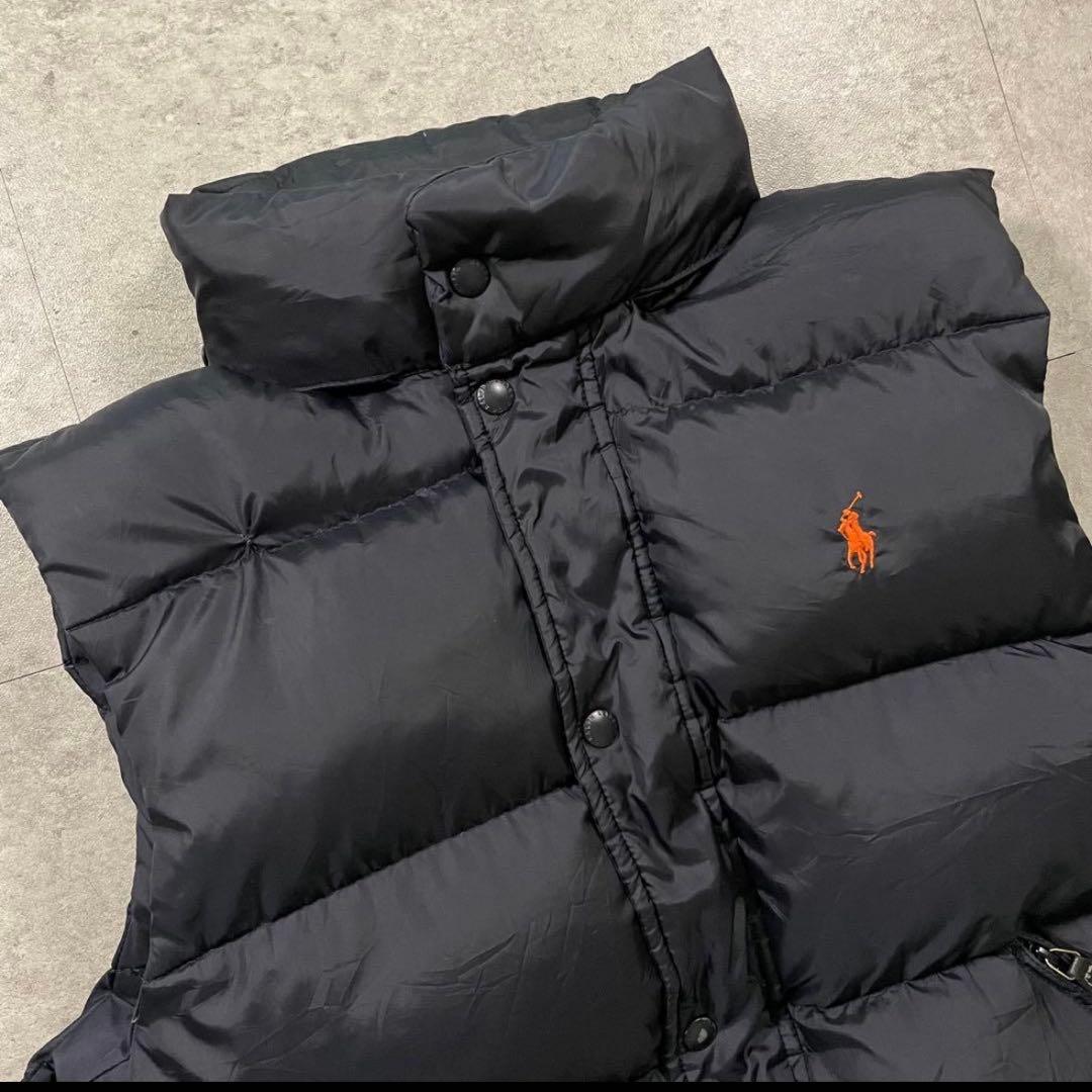POLO RALPH LAURENダウンベスト フード収納ブラックオレンジポニー
