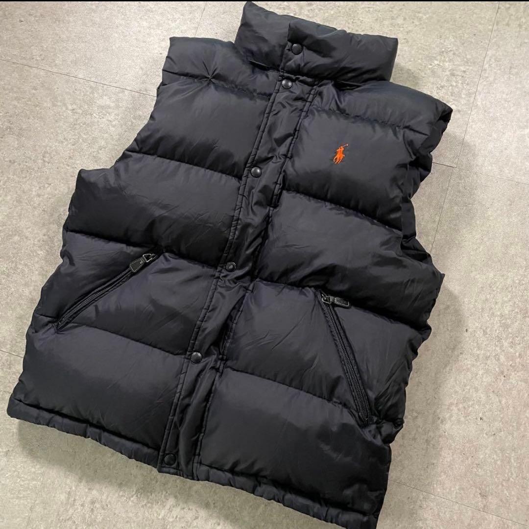 POLO RALPH LAURENダウンベスト フード収納ブラックオレンジポニー