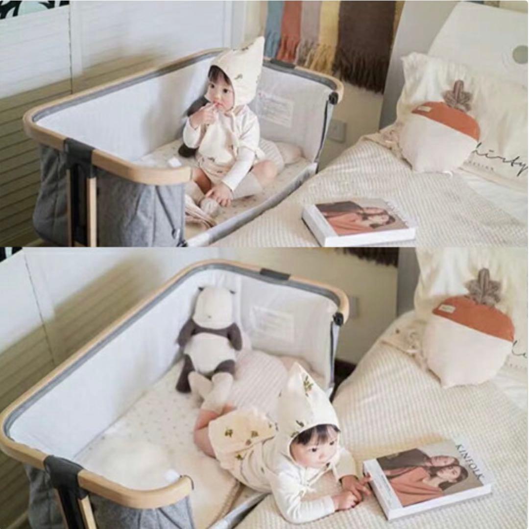 美品 防水パッド付き ベビーベッド hzdmj 添い寝ベッド　ミニ グレー