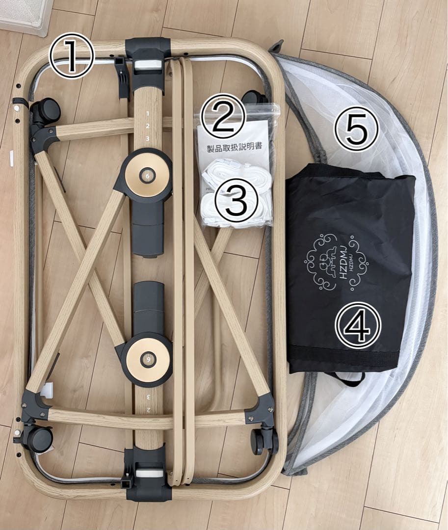 美品 防水パッド付き ベビーベッド hzdmj 添い寝ベッド　ミニ グレー