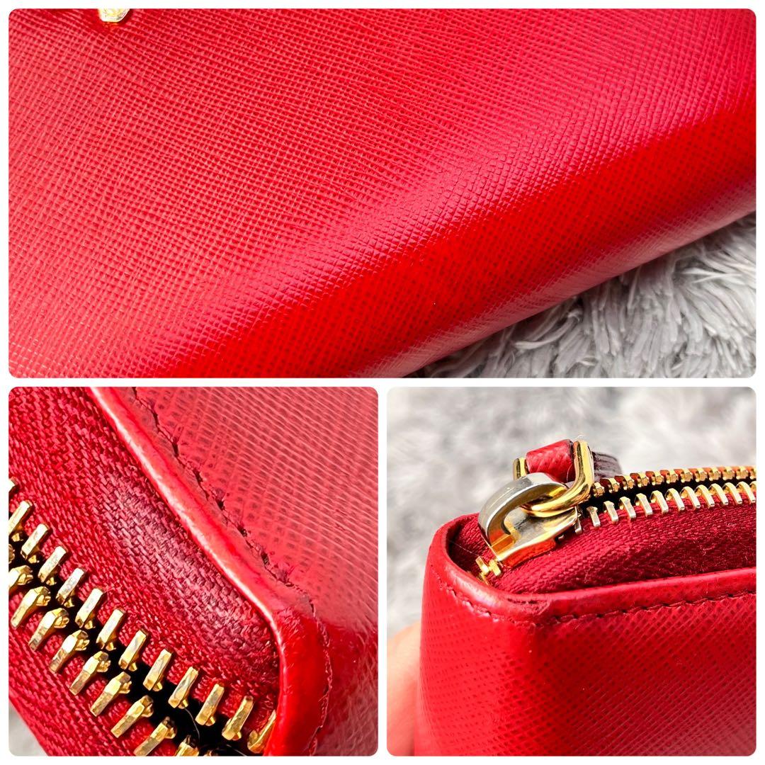 良品✨PRADA 大きめロゴ　ラウンドファスナー　サフィアーノ　レッド　長財布