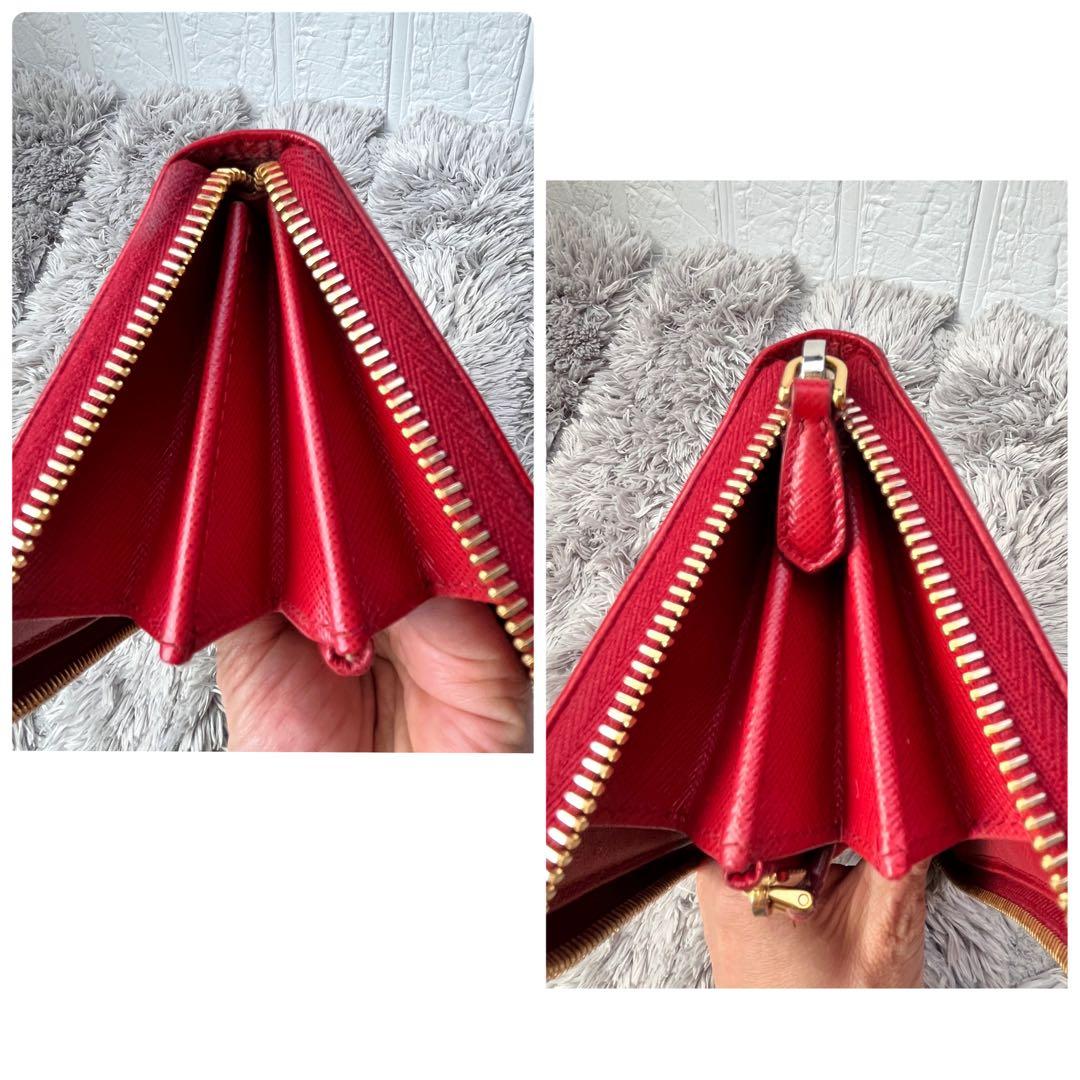 良品✨PRADA 大きめロゴ　ラウンドファスナー　サフィアーノ　レッド　長財布