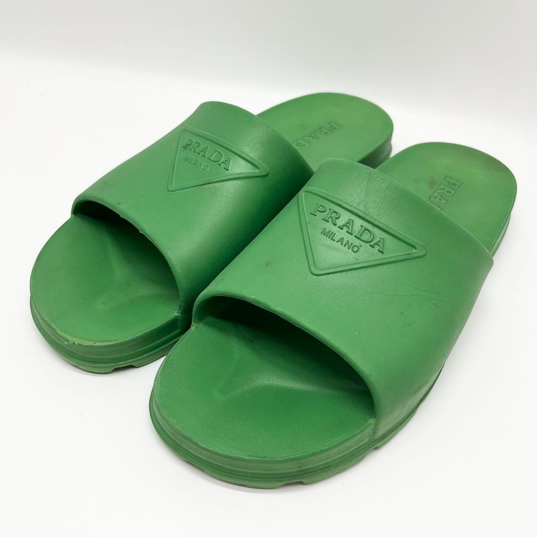 PRADA シャワーサンダル　三角ロゴ　エンボス　グリーン　28cm相当　メンズ