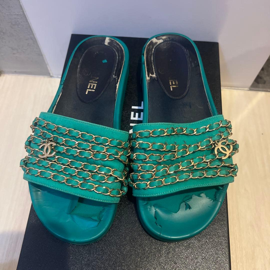 シャネル　CHANEL サンダル　グリーン　ココマーク
