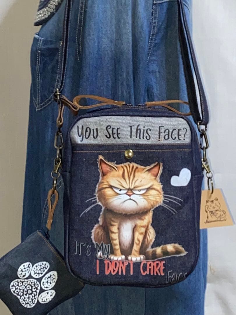 ハンドメイド☆岡山デニム♪ステンシル☆黒ネコ♪悪ネコ☆ショルダーバッグ