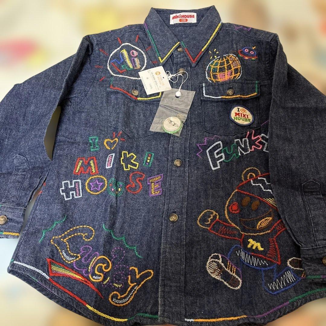 未使用タグ付ミキハウス 前後刺繍 ありデニムシャツ バッチ付 110