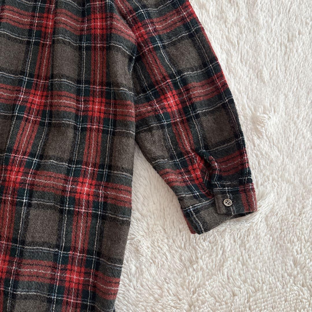 ichi ウール　ガーゼ　タータンチェック　シャツワンピース　バンドカラー