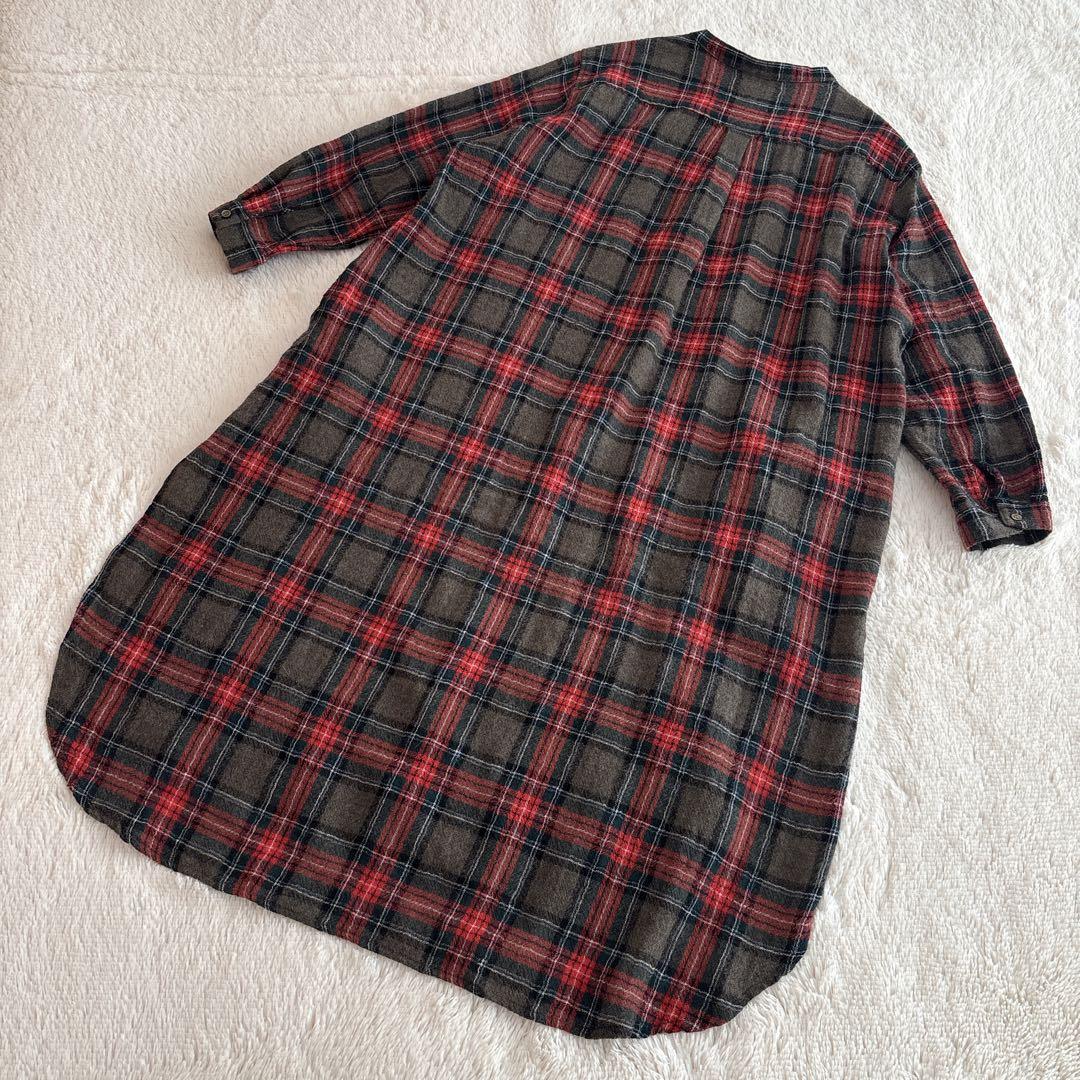 ichi ウール　ガーゼ　タータンチェック　シャツワンピース　バンドカラー