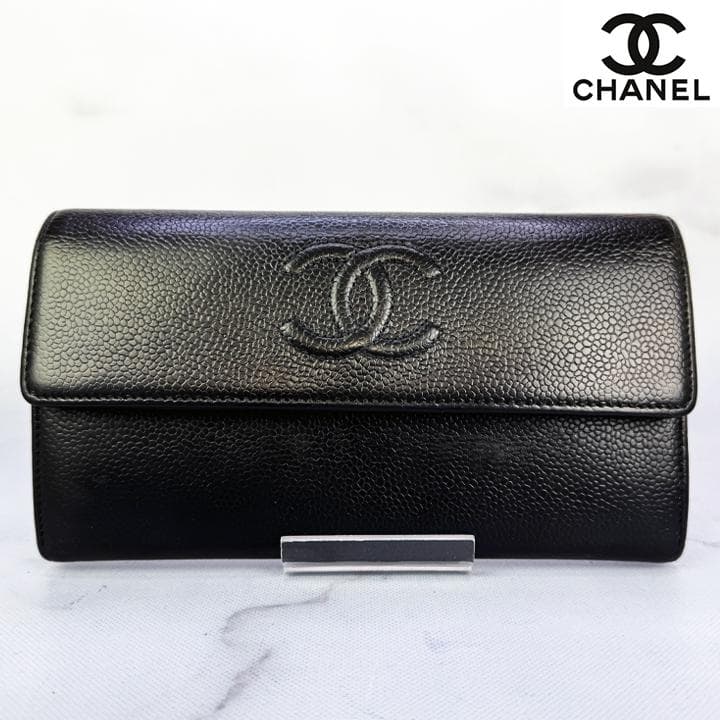 569　超美品　CHANEL　シャネル　デカココ　キャビアスキン　フラップ長財布