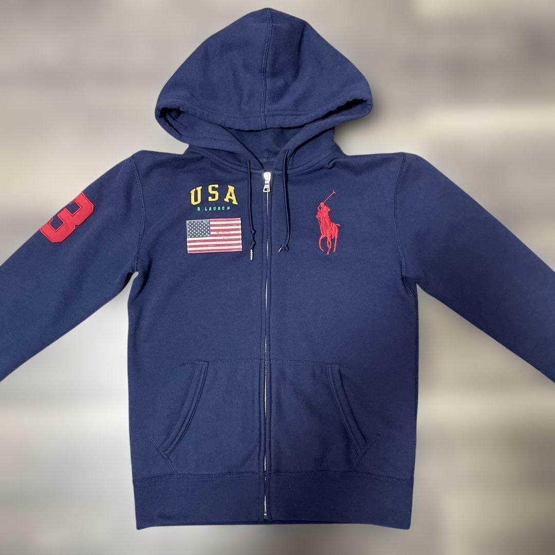 美品　ラルフローレン　ビッグポニー刺繍　パーカー ネイビー　USA国旗