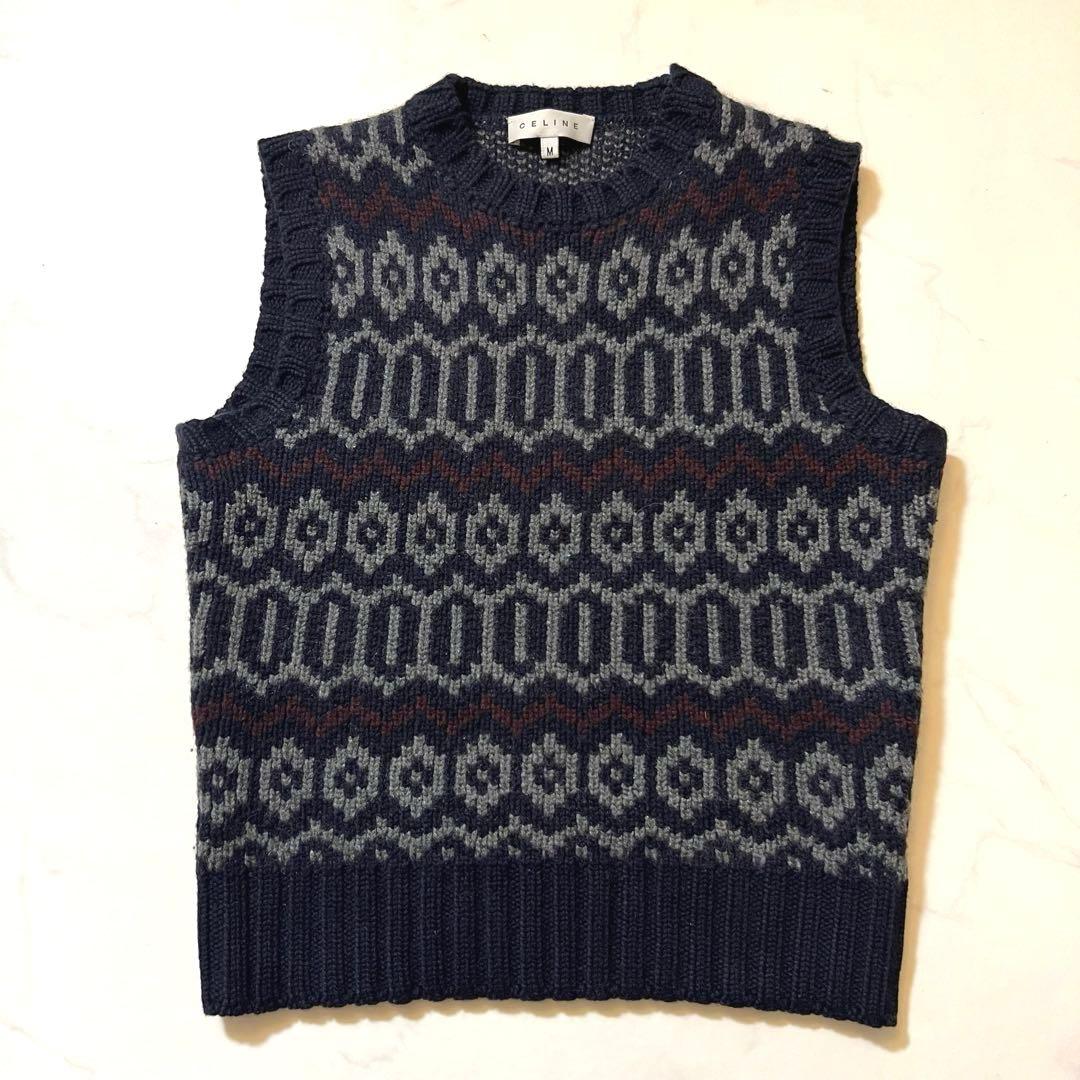 美品 CELINE カシミヤ100% ニット ベスト ジレ 総柄 M ネイビー系