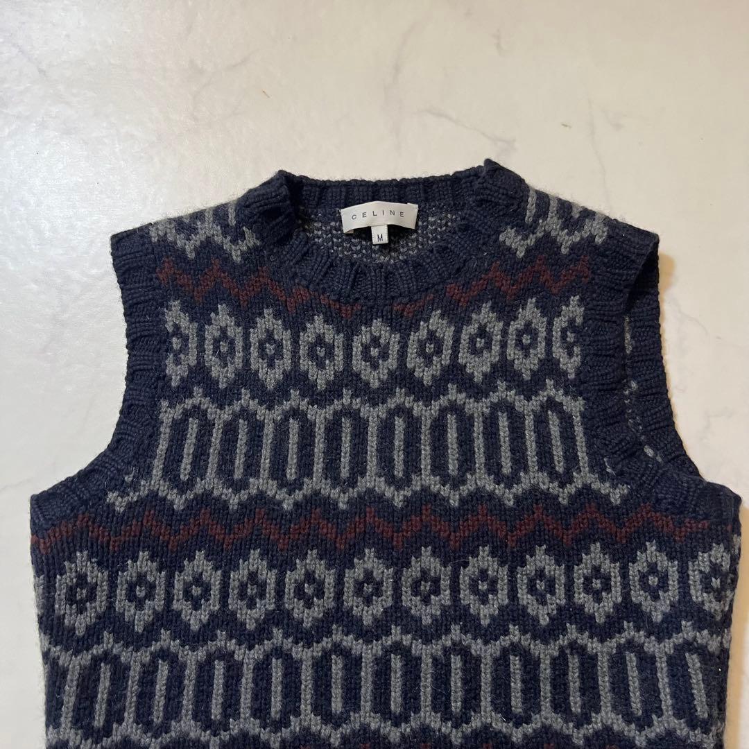 美品 CELINE カシミヤ100% ニット ベスト ジレ 総柄 M ネイビー系