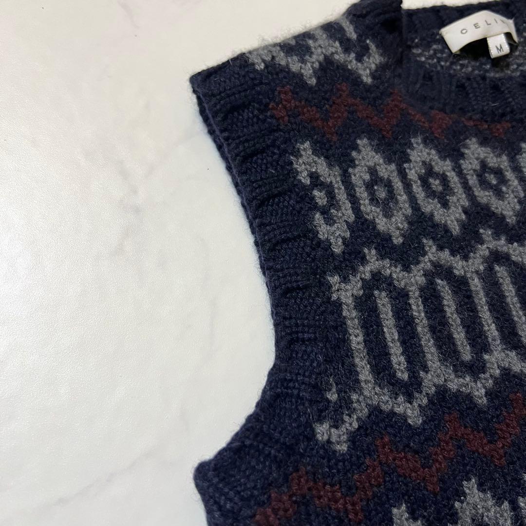 美品 CELINE カシミヤ100% ニット ベスト ジレ 総柄 M ネイビー系