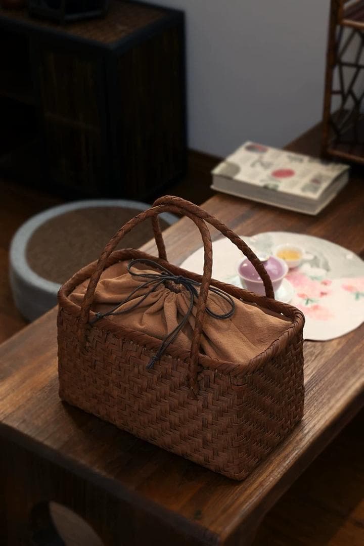 山葡萄 かごバッグ 網代編み 籠 手提げ 内布付き 収納袋 茶箱