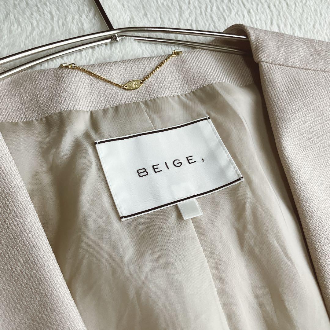 【手洗い可】【美品】ベイジ BEIGE★ノーカラー スカートスーツ Vネック