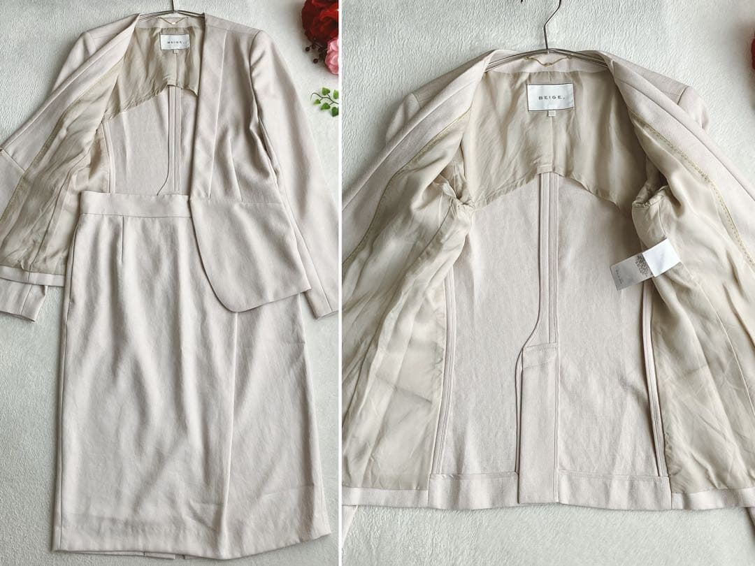 【手洗い可】【美品】ベイジ BEIGE★ノーカラー スカートスーツ Vネック