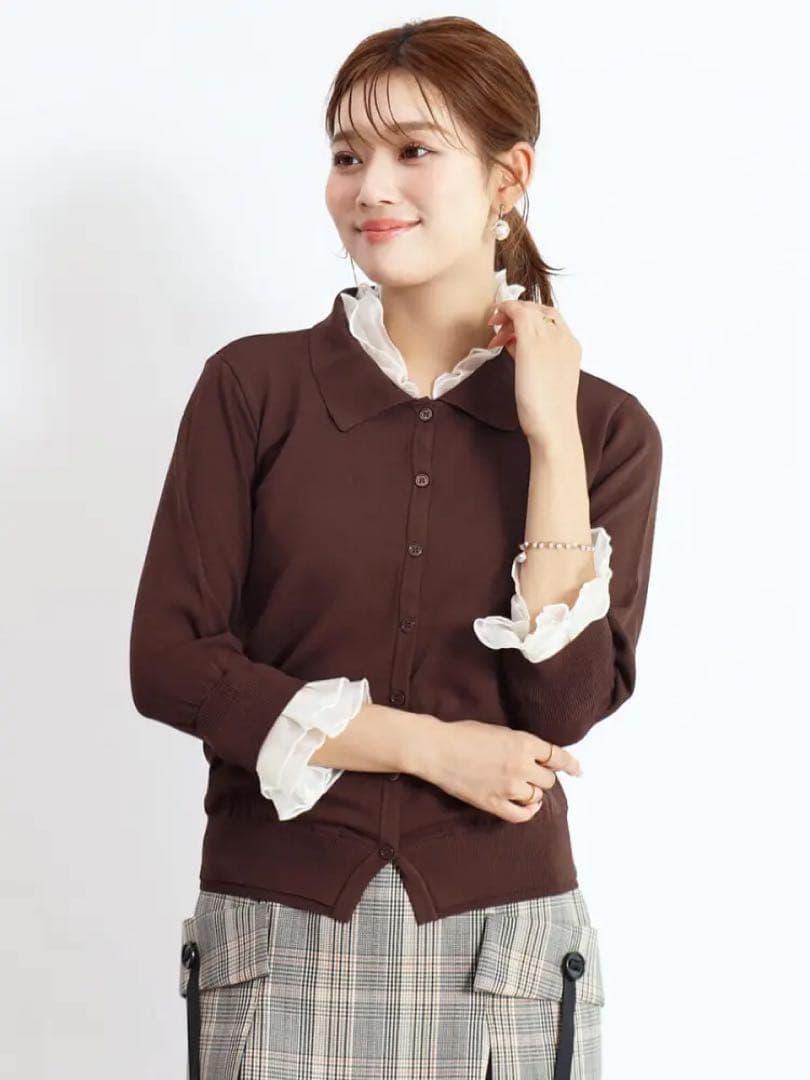 新品★ヤマダヤ　FENNELフェンネル　フリル付きポロ襟カーディガン　ブラウン