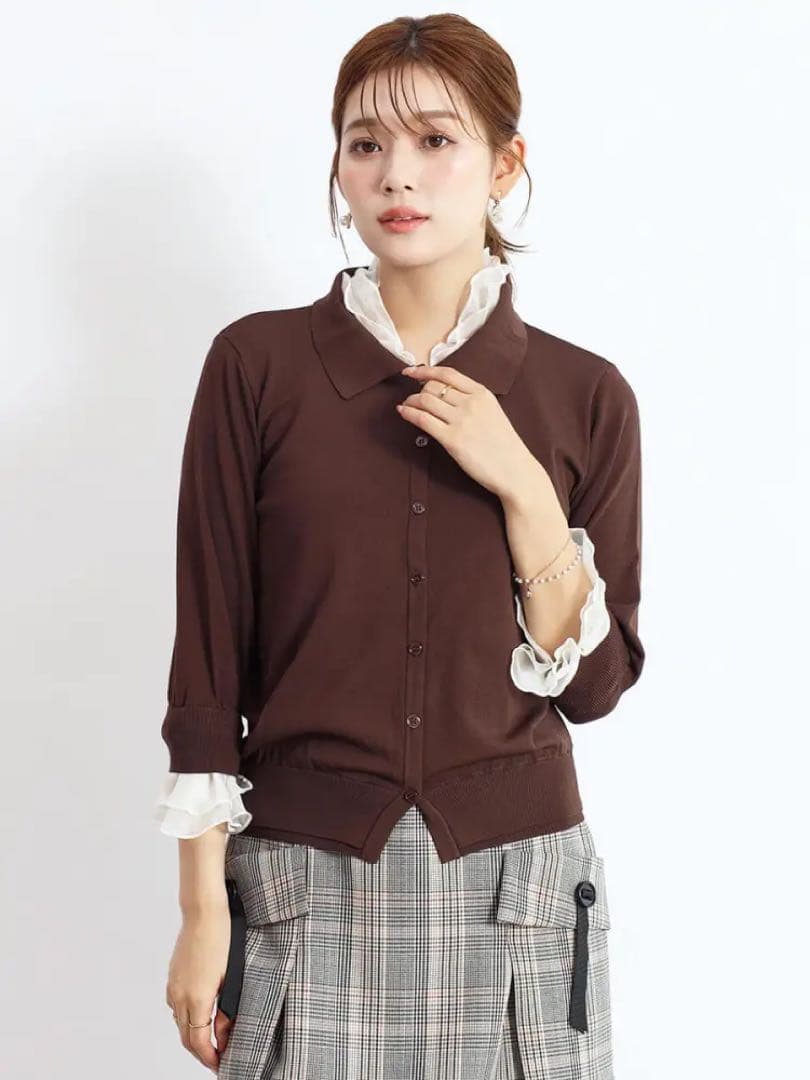 新品★ヤマダヤ　FENNELフェンネル　フリル付きポロ襟カーディガン　ブラウン