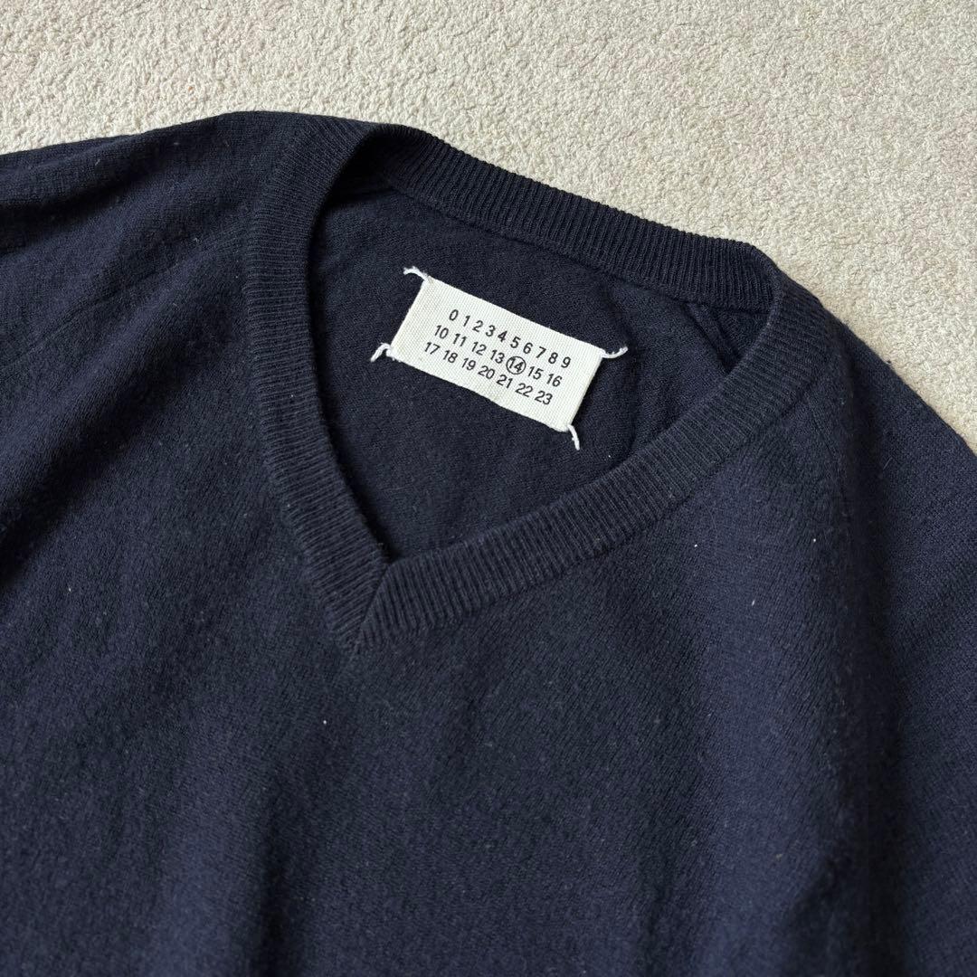 本人期 マルタンマルジェラ エルボーパッチニット ネイビー 羊革 14 Vネック
