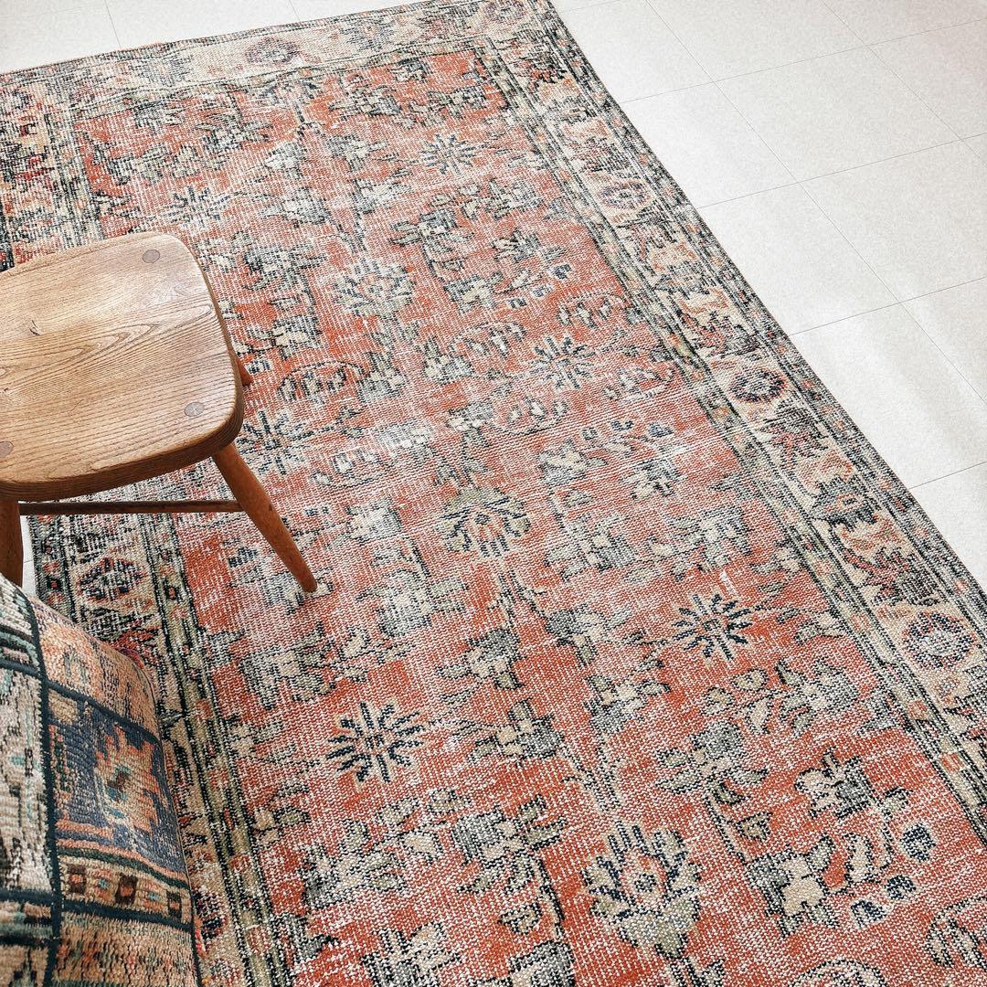 トルコ ヴィンテージラグ オレンジ ベージュ フローラル