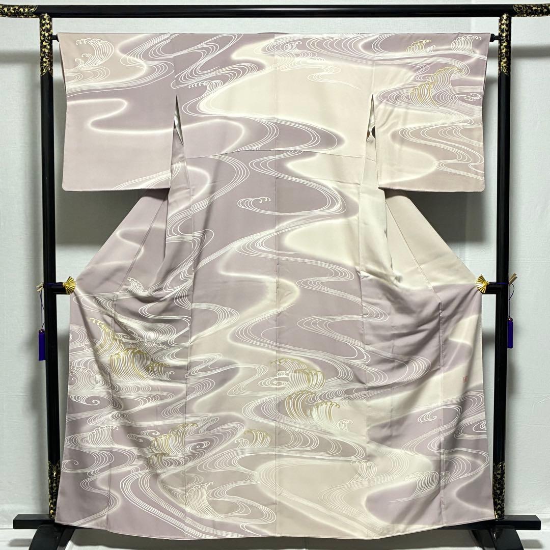 D139 訪問着　荒波　流水　金駒刺繍　落款入　正絹　着物　袷　極美品