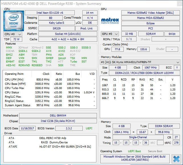 サーバー Dell PowerEdge R330 Windows Server 2016