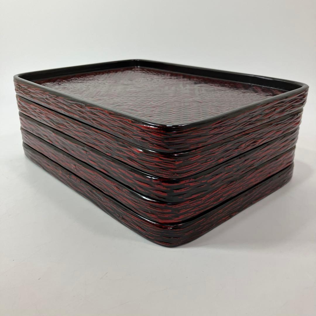 A2C57■籃胎漆器 銘々盆中五枚木箱 お盆 らんたい漆器 九藍 木箱付き