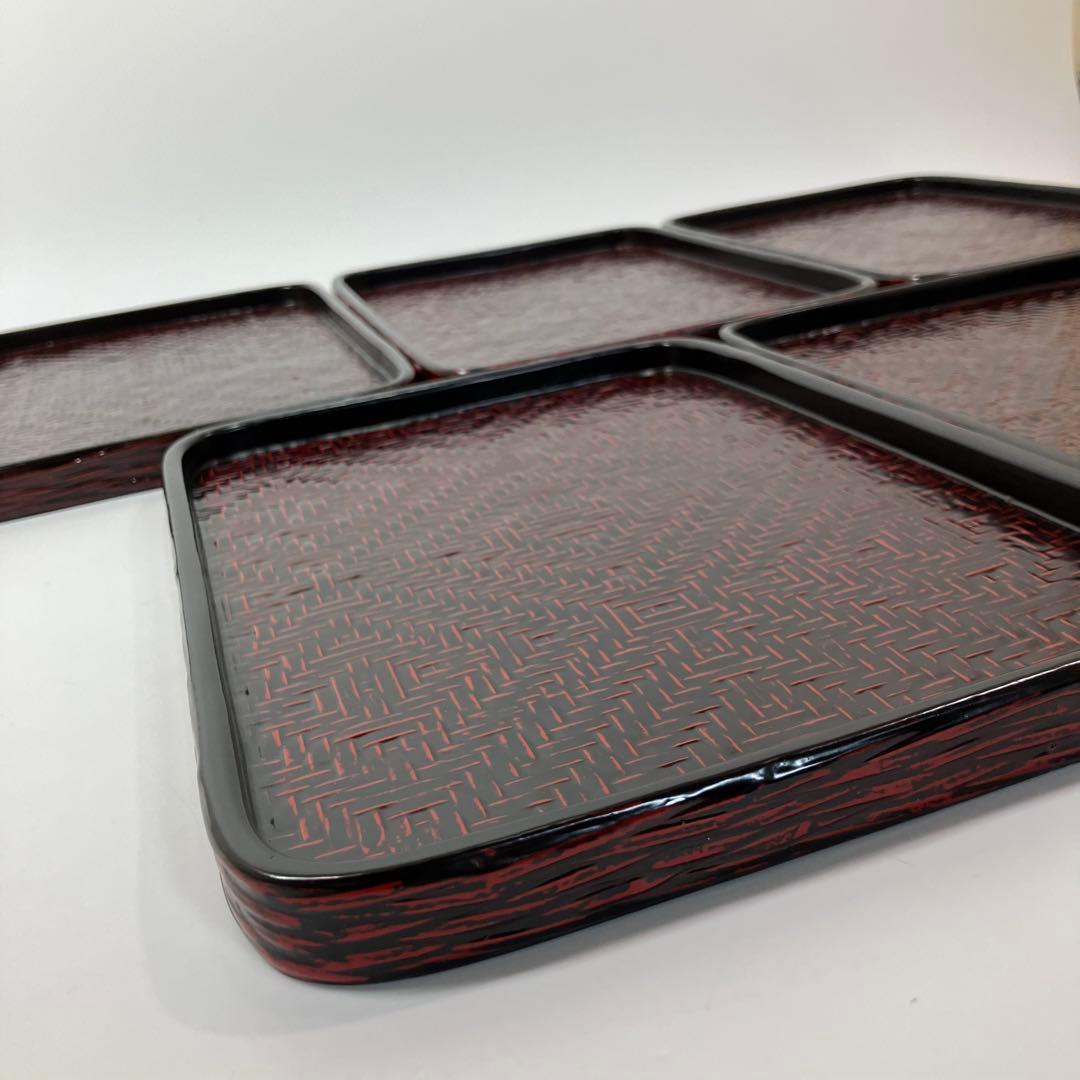 A2C57■籃胎漆器 銘々盆中五枚木箱 お盆 らんたい漆器 九藍 木箱付き