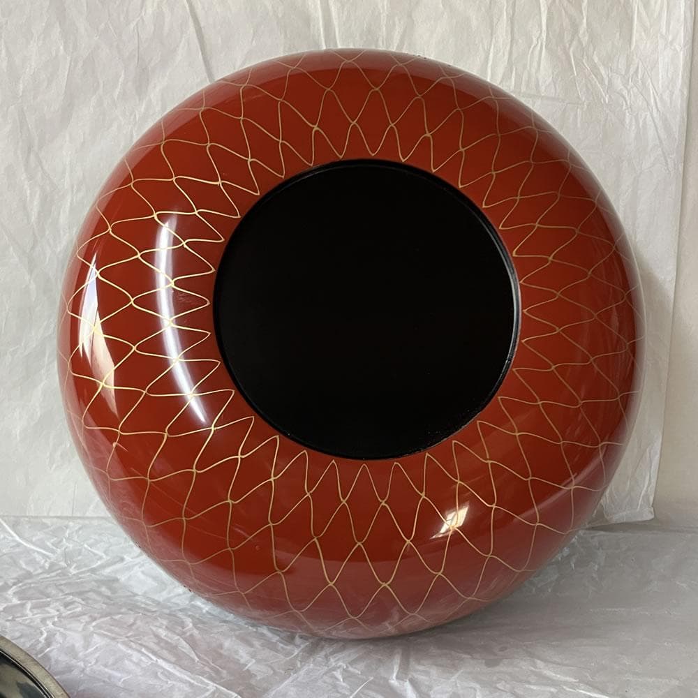 F1418 岡本陽斎 金網目蒔絵 朱喰篭 共箱 菓子器 蓋物 喰籠 食籠 茶道具