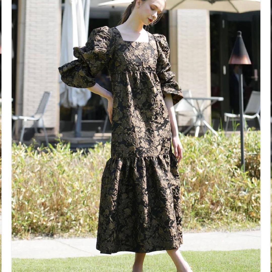 【美品】Acka パフスリーブ ロングワンピース ブラック 花柄 1サイズ