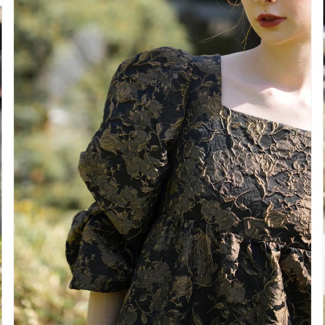 【美品】Acka パフスリーブ ロングワンピース ブラック 花柄 1サイズ