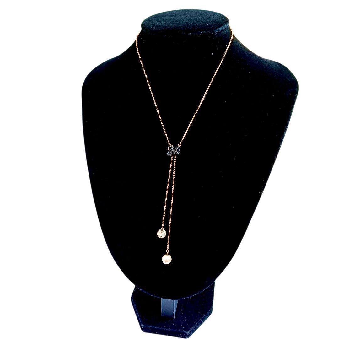 希少 スワロフスキー Y字 ネックレス スワン パール ゴールド 箱付き