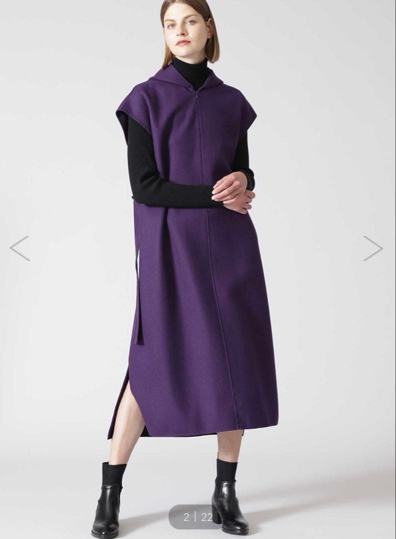 クリーニング済み　フード付きパープル　ロングワンピース ジレ