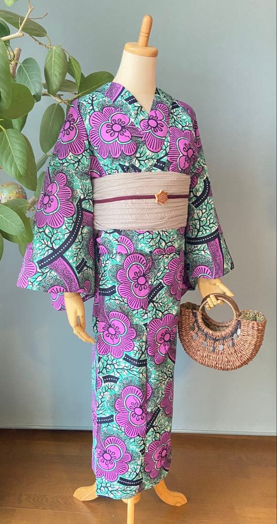 アフリカンバティック　浴衣　【新品】　パープル×グリーン