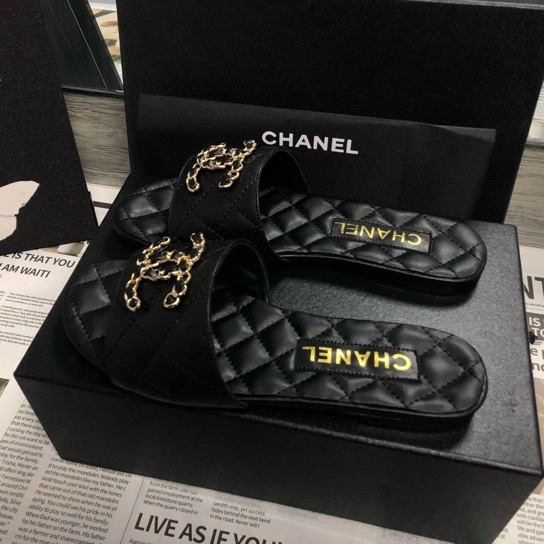 CHANEL チェーンココマーク キルティング サンダル ブラック