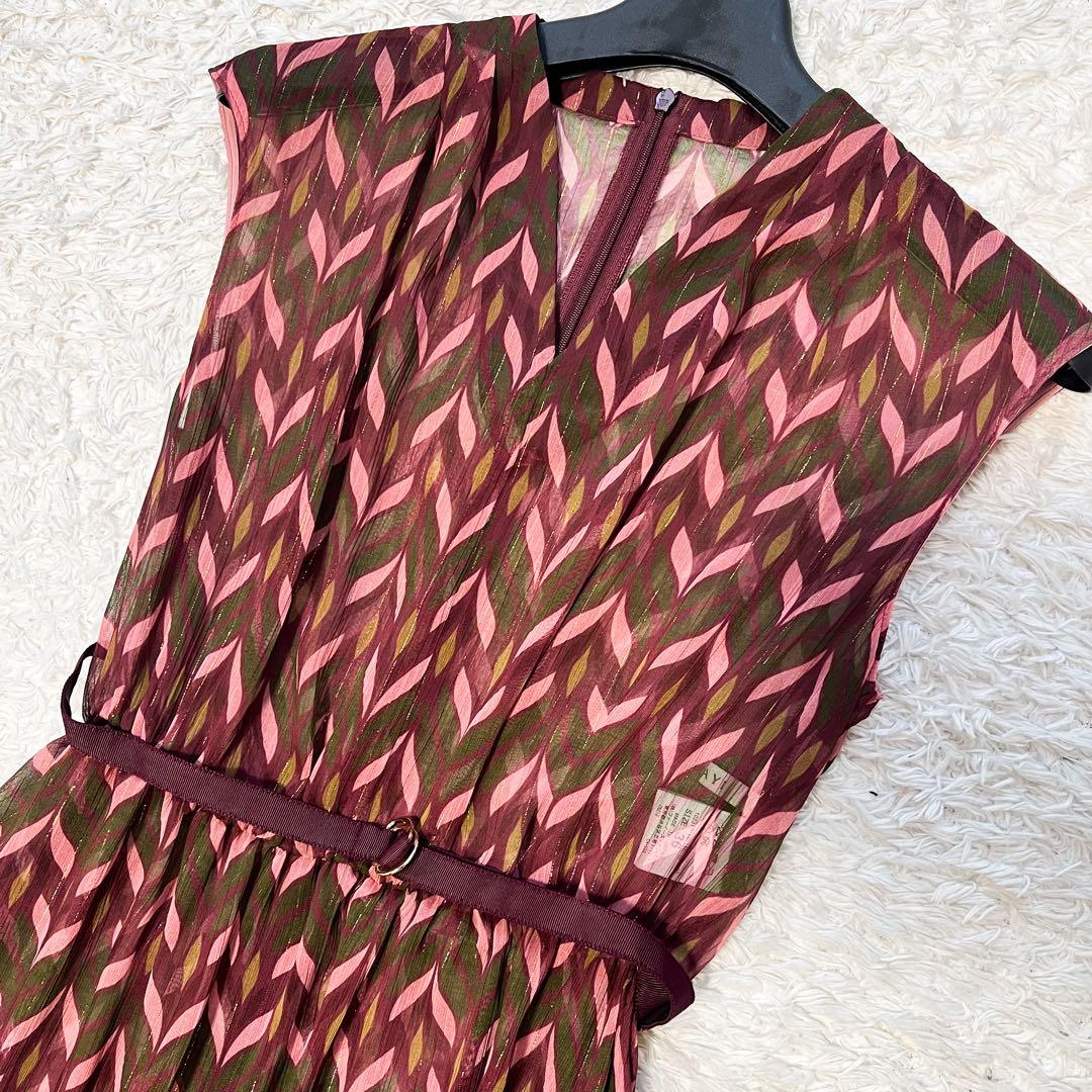 2023 ANAYI リーフ楊柳幾何Vネックフレアワンピース ラメ ベルト