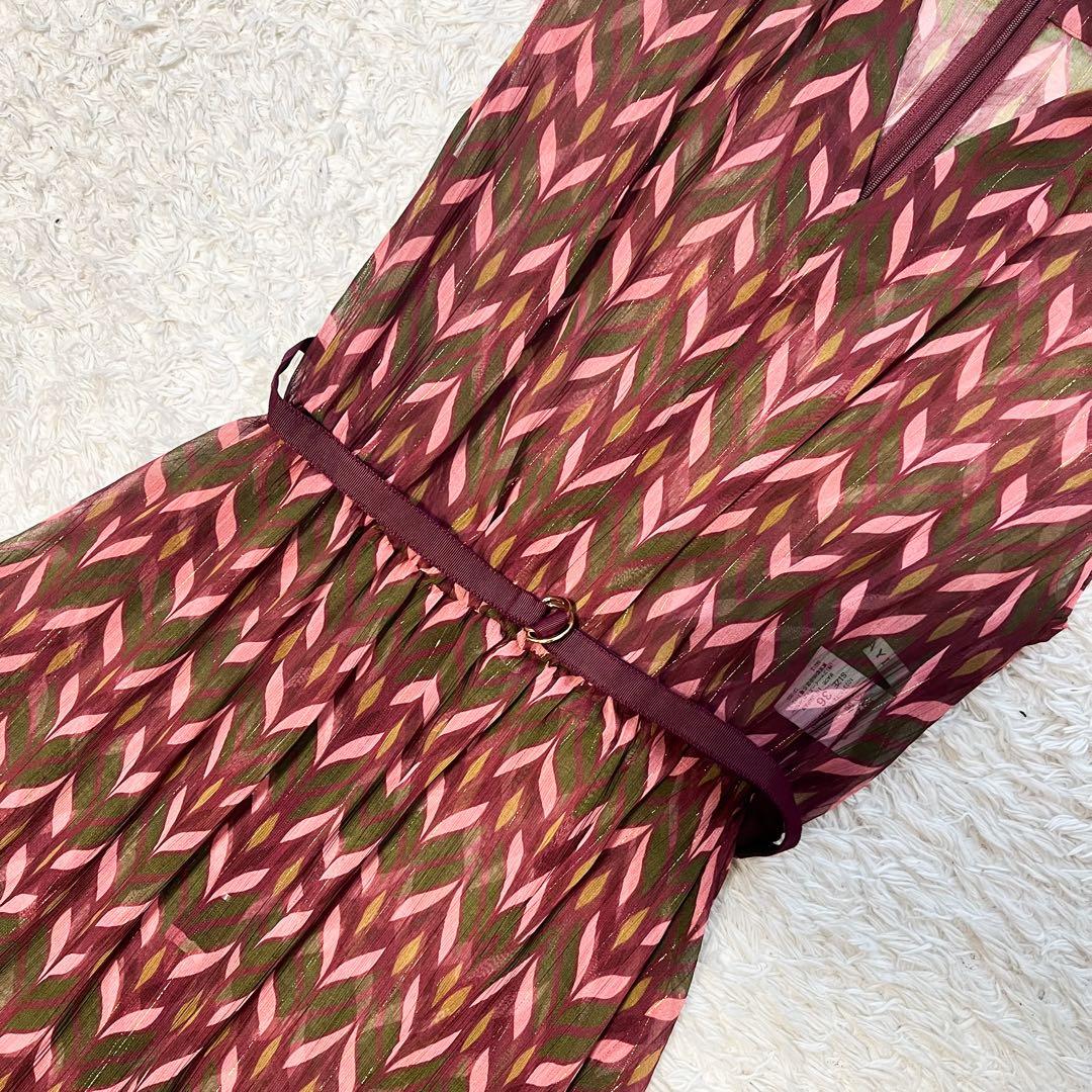 2023 ANAYI リーフ楊柳幾何Vネックフレアワンピース ラメ ベルト