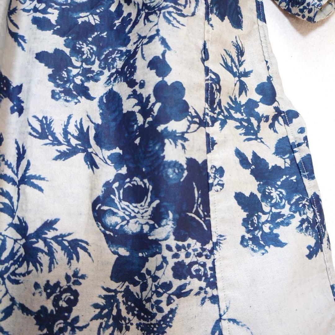 試着のみ45R インディゴ抜染ローズプリントのスモックドレス 45rpm