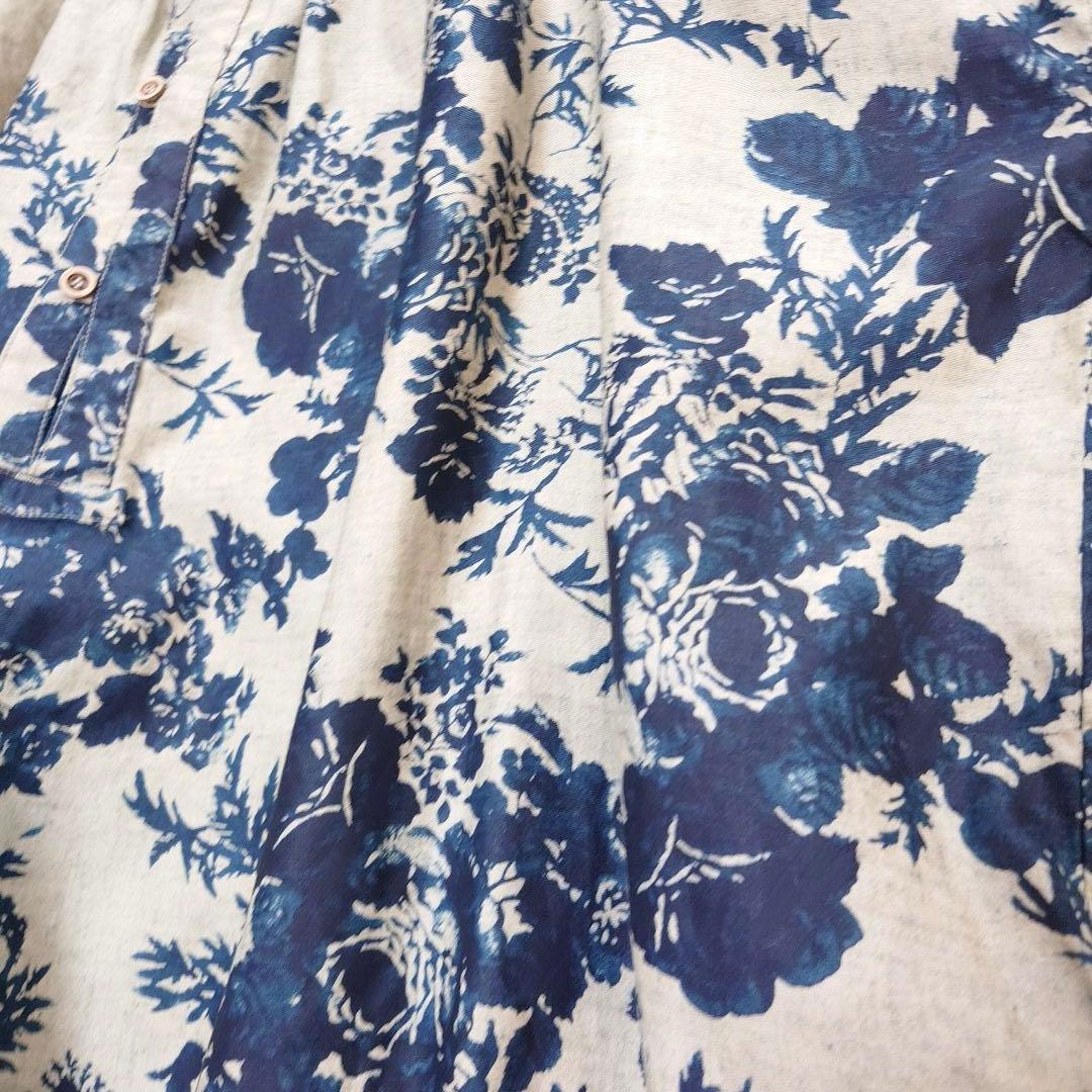 試着のみ45R インディゴ抜染ローズプリントのスモックドレス 45rpm