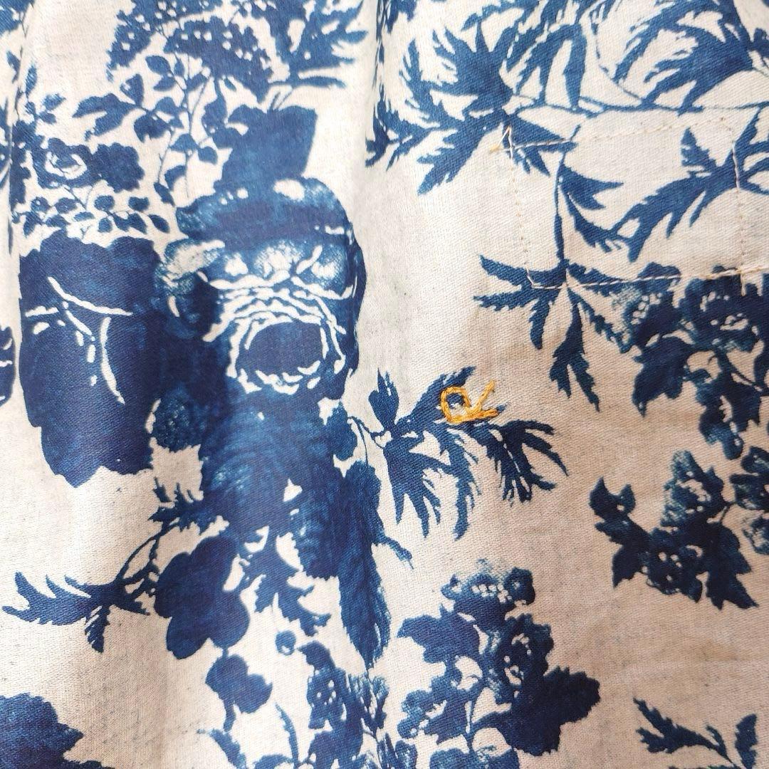 試着のみ45R インディゴ抜染ローズプリントのスモックドレス 45rpm