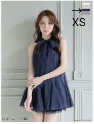 521ハイネックウエストリボンミニキャバドレス XSサイズ ネイビー