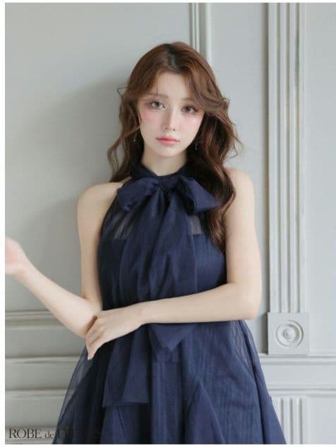 521ハイネックウエストリボンミニキャバドレス XSサイズ ネイビー