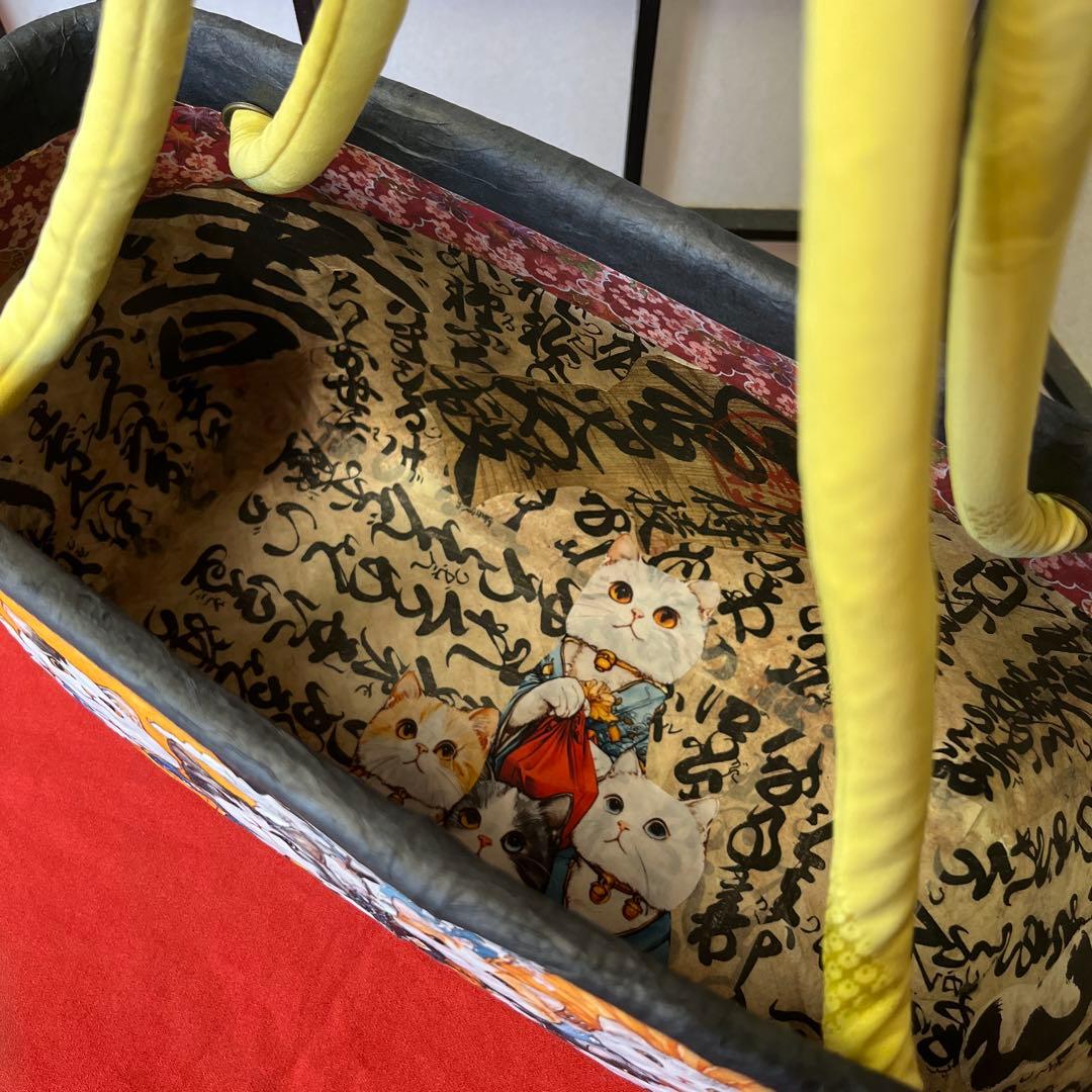猫がいっぱい 一閑張り バッグ かごバッグ ハンドバッグ 和柄 猫 横長大きめ