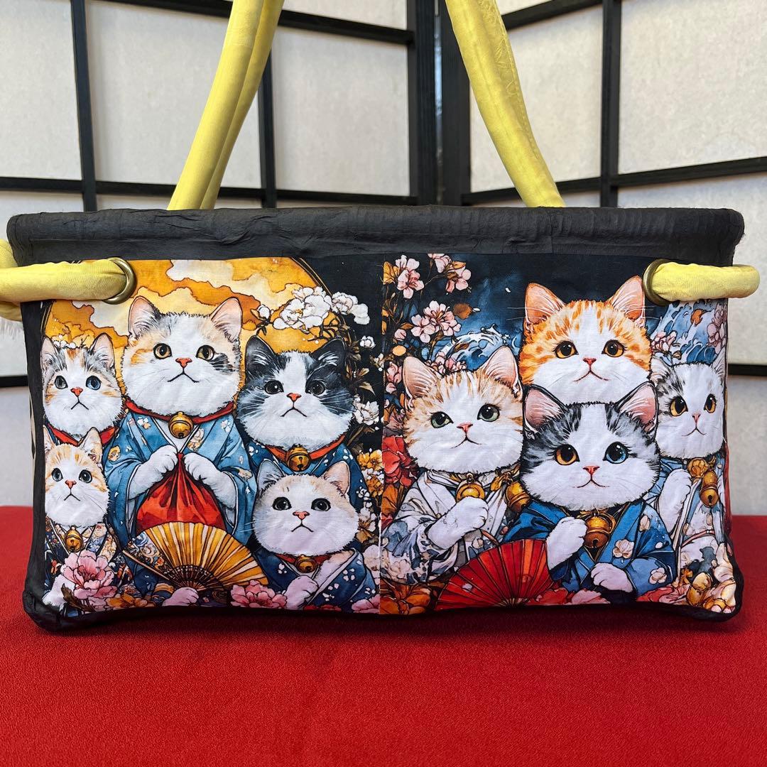 猫がいっぱい 一閑張り バッグ かごバッグ ハンドバッグ 和柄 猫 横長大きめ