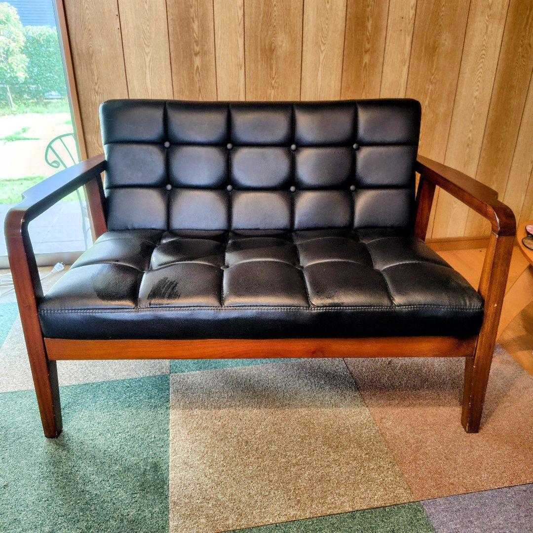 黒色合成皮革2人掛けソファ