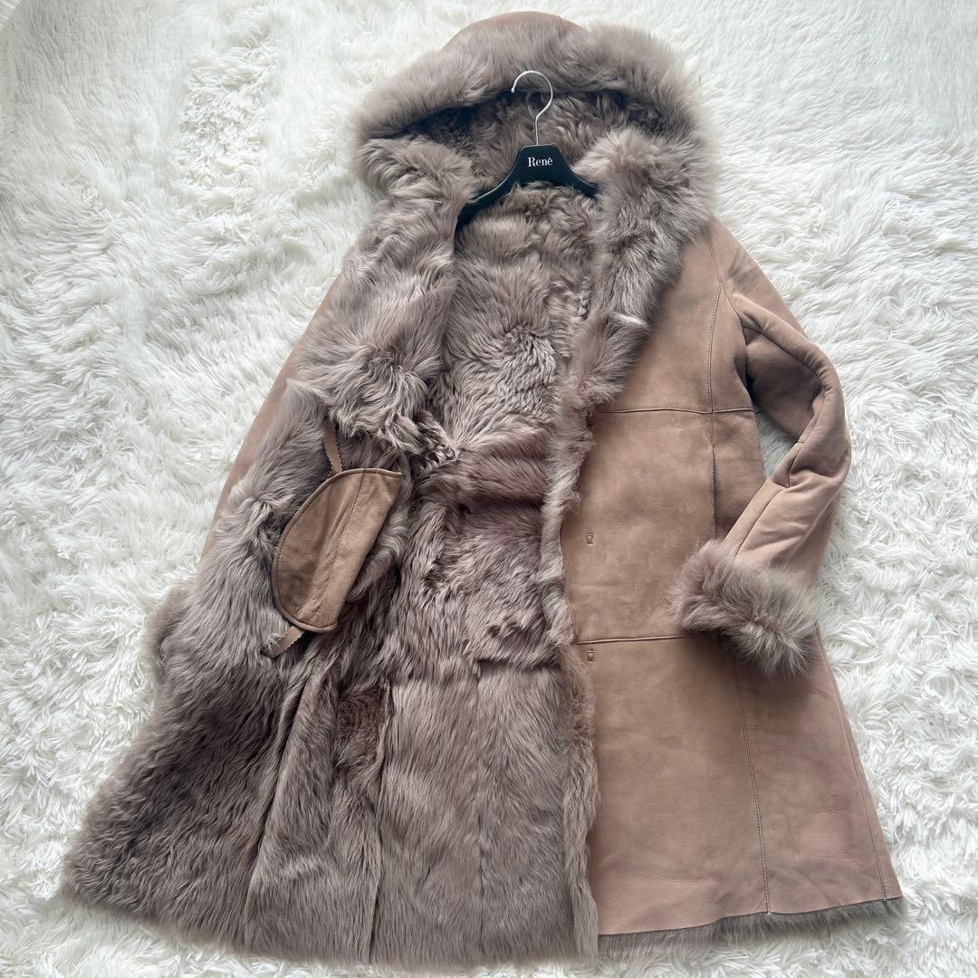 希少✨リアルムートンコート ロングコート フード レザーコート ベージュ フリー