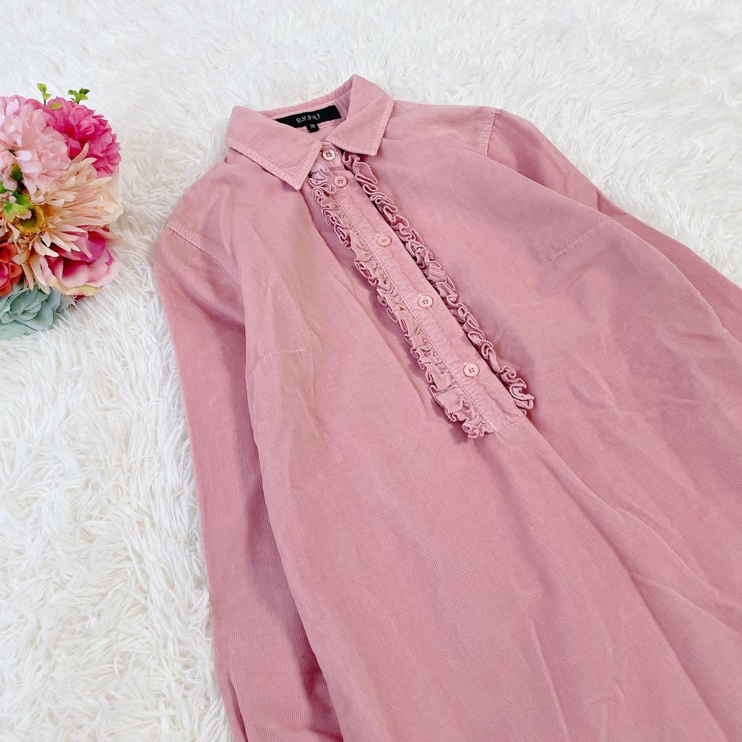 GUCCI グッチ　コーデュロイ　胸元フリル　膝丈長袖ワンピース　ピンク　36