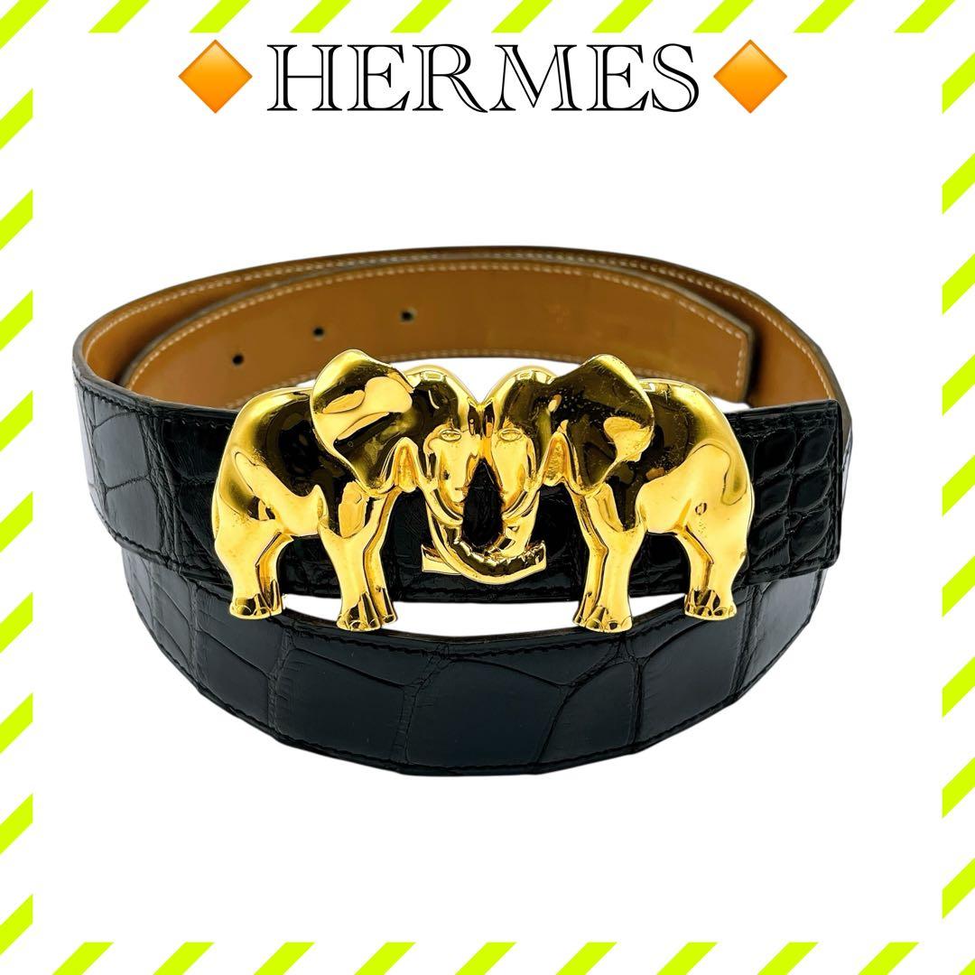 良品 エルメス クロコ エレファントバックル ベルト 75 ブラック ゴールド