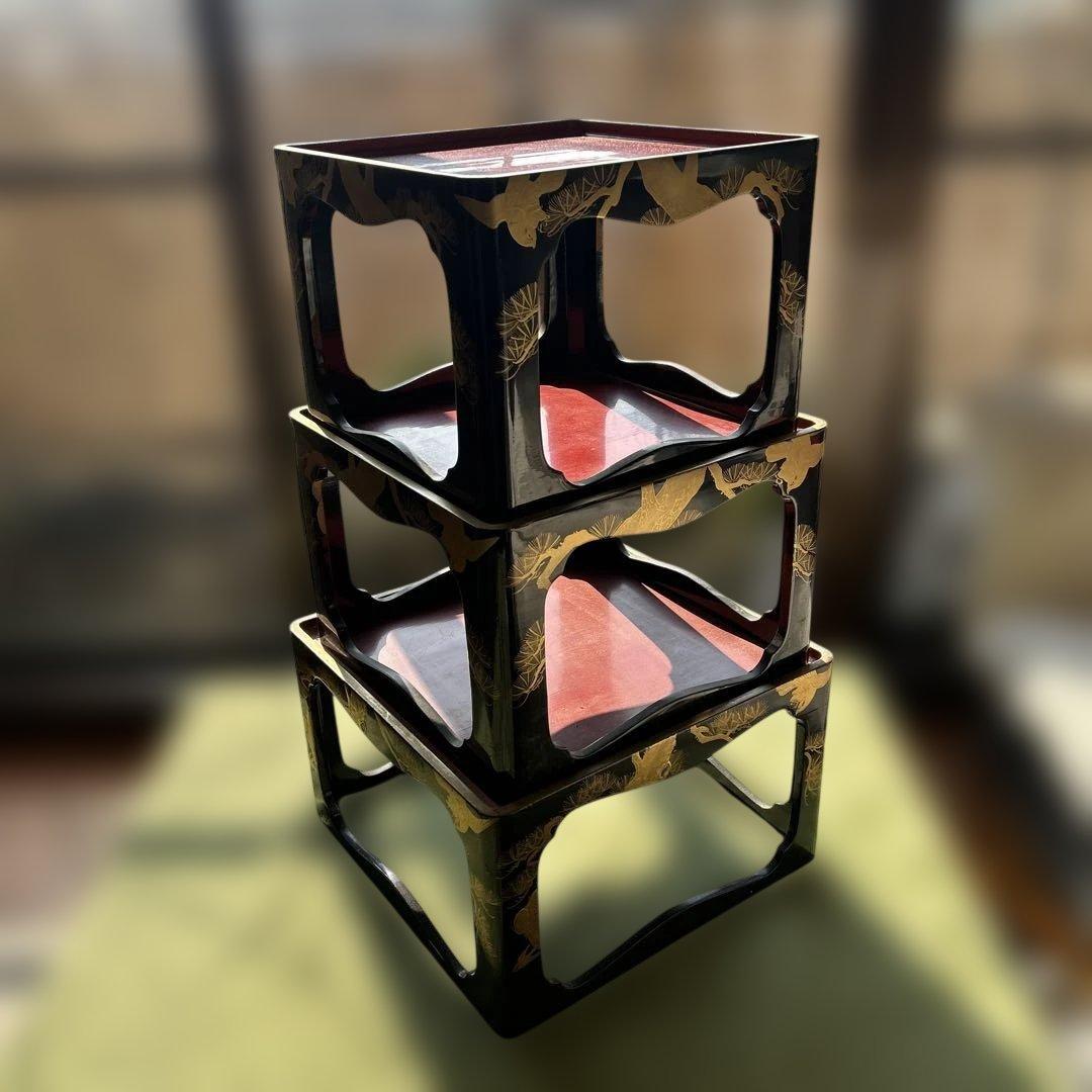 【送料込】漆　蒔絵　台セット　入れ子　アンティーク